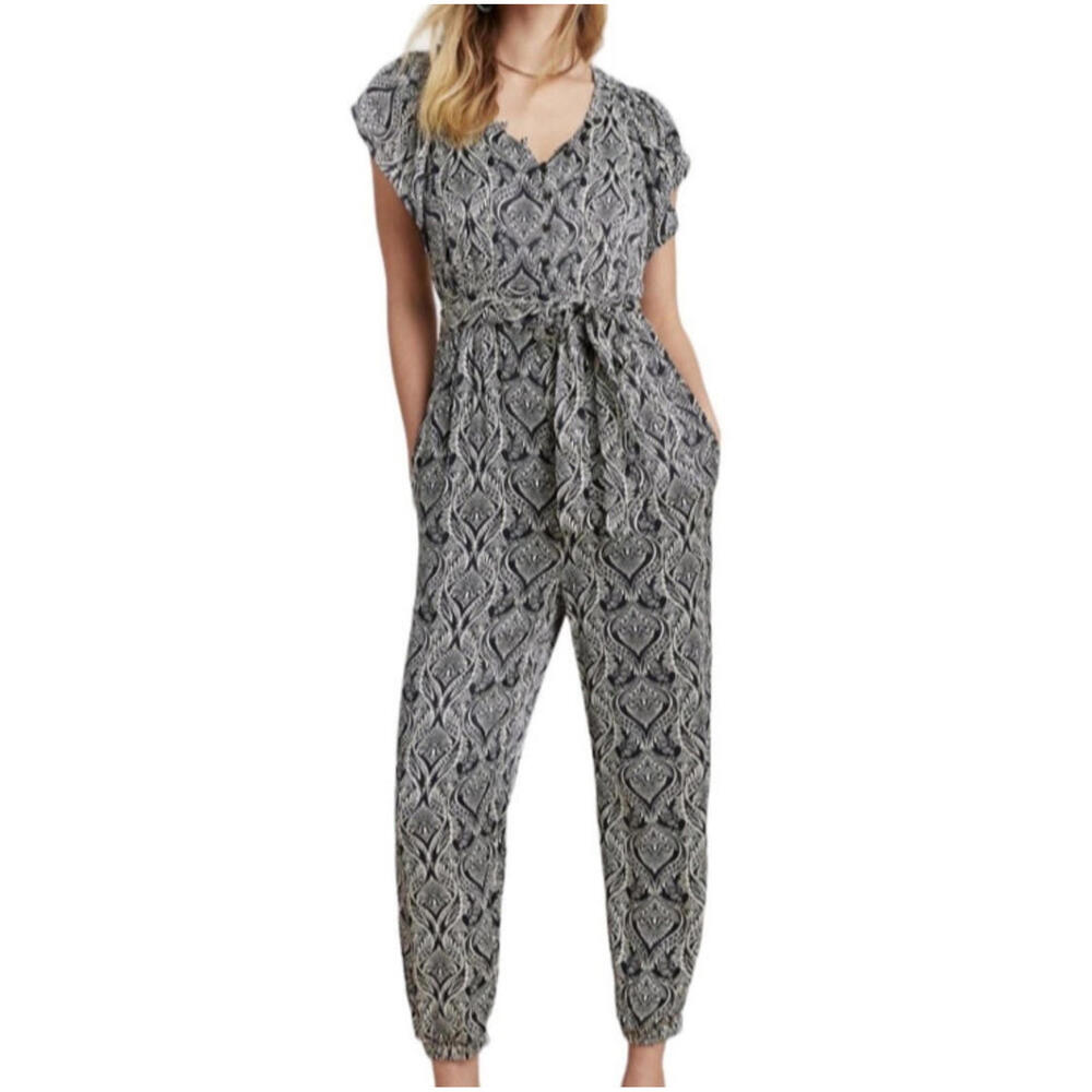 Anthropologie Zadie Satin Jumpsuit Women's Size 12 Black and White w/ Tie Belt